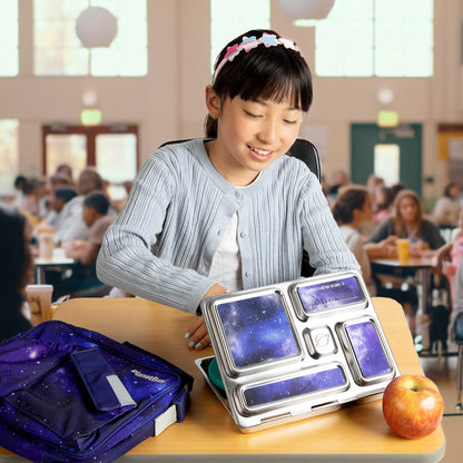PlanetBox Rover Stainless Steel Bento Box Style Lunch Box Kit for Kids with 5 Compartments – Stardust Edition includes Insulated Lunch Bag, Leakproof Food Containers and Matching Magnets