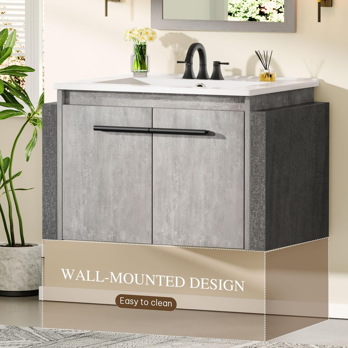 YITAHOME 24 Inch*2PC Floating Vanity Bathroom with Sink Combo, Grey Wall Mounted Modern Vanity, Bathroom Cabinet Vanity with Soft-Closing Double Extra Large Doors, Total 53 Inch
