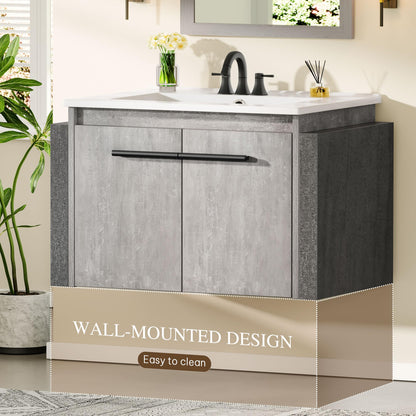 YITAHOME 24 Inch*2PC Floating Vanity Bathroom with Sink Combo, Grey Wall Mounted Modern Vanity, Bathroom Cabinet Vanity with Soft-Closing Double Extra Large Doors, Total 53 Inch