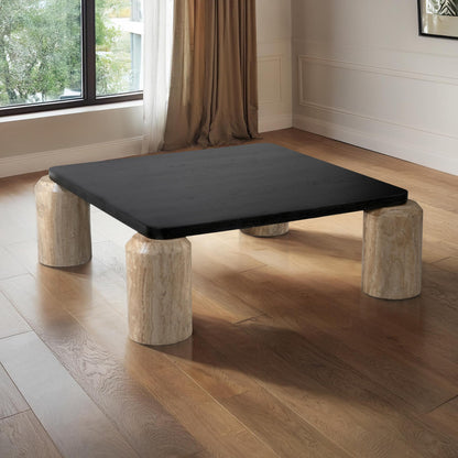Meridian Furniture 99009Travertine-CT Ferrara Collection Art Deco Coffee Table with Genuine Travertine Legs, Black Finished Solid Oak Wood Top, 42" W x 42" D x 14" H, Natural