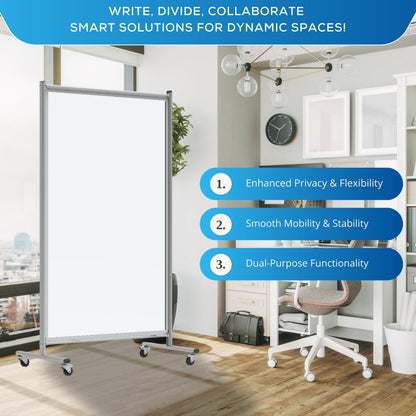 FSE 373-MD4072W Mobile Magnetic Whiteboard Room Divider, 75" Tall Double-Sided Board, Sound Proof Partition Wall Divider with Locking Casters, Steel Frame, Ghost-Resistant Surface, White/Silver