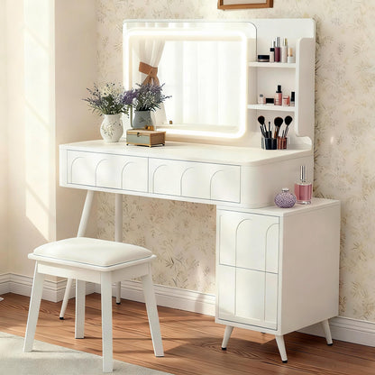 Merax Makeup Vanity Desk with Mirror and Lights, Vanity Table and Stool Set with Drawer & Movable Side Cabinet, White Dressing Table for Bedroom with LED Mirror Stepless Dimmable & 3 Color Modes