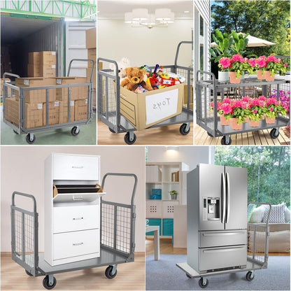 SmarketBuy Platform Truck Cart with Cage, 5 in 1 Heavy Duty Platform Carts with Cage 2000 LBS Capacity Foldable Push Cart Dolly with 5" Casters for Groceries/Garage/Warehouse