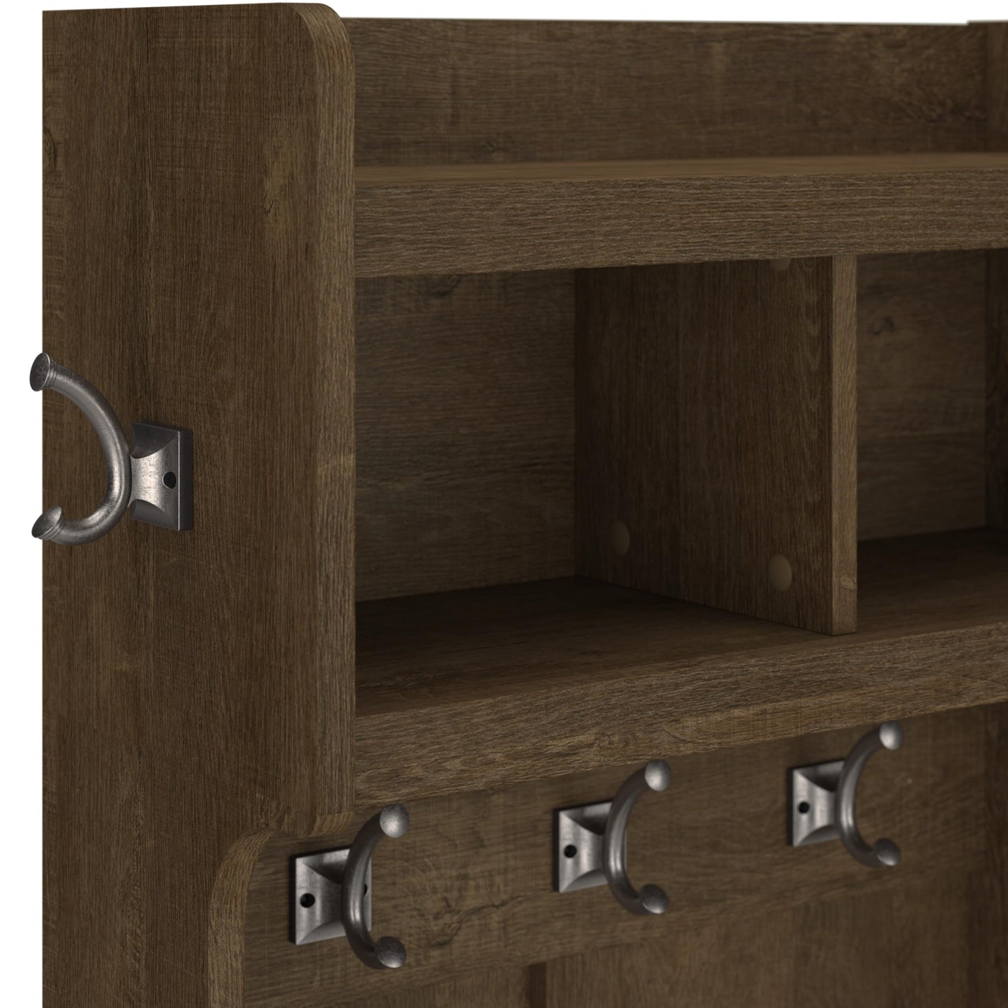Bush Home Woodland 40W Hall Tree and Shoe Storage Bench with Shelves in Ash Brown, Cubbies and Coat Hooks for Foyer, Mudroom, or Entryway