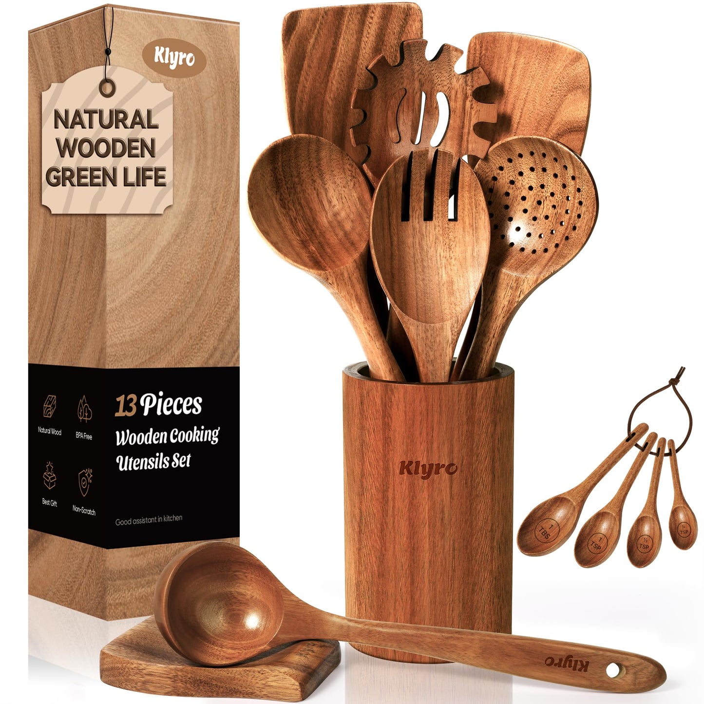 KLYRO Wooden Spoons for Cooking, Nonstick Kitchen Utensils Set with 4 Piece Measuring Spoons, Comfort Grip Wooden Spatula Set, 9 Piece Teak Wooden Cooking Utensils with Holder and Spoon Rest