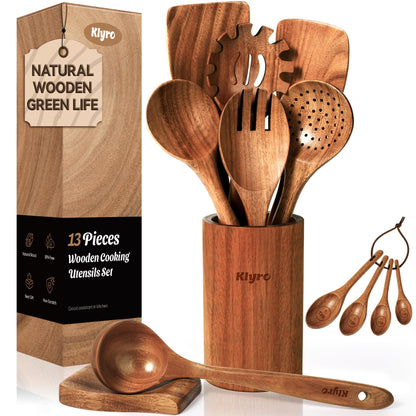 KLYRO Wooden Spoons for Cooking, Nonstick Kitchen Utensils Set with 4 Piece Measuring Spoons, Comfort Grip Wooden Spatula Set, 9 Piece Teak Wooden Cooking Utensils with Holder and Spoon Rest