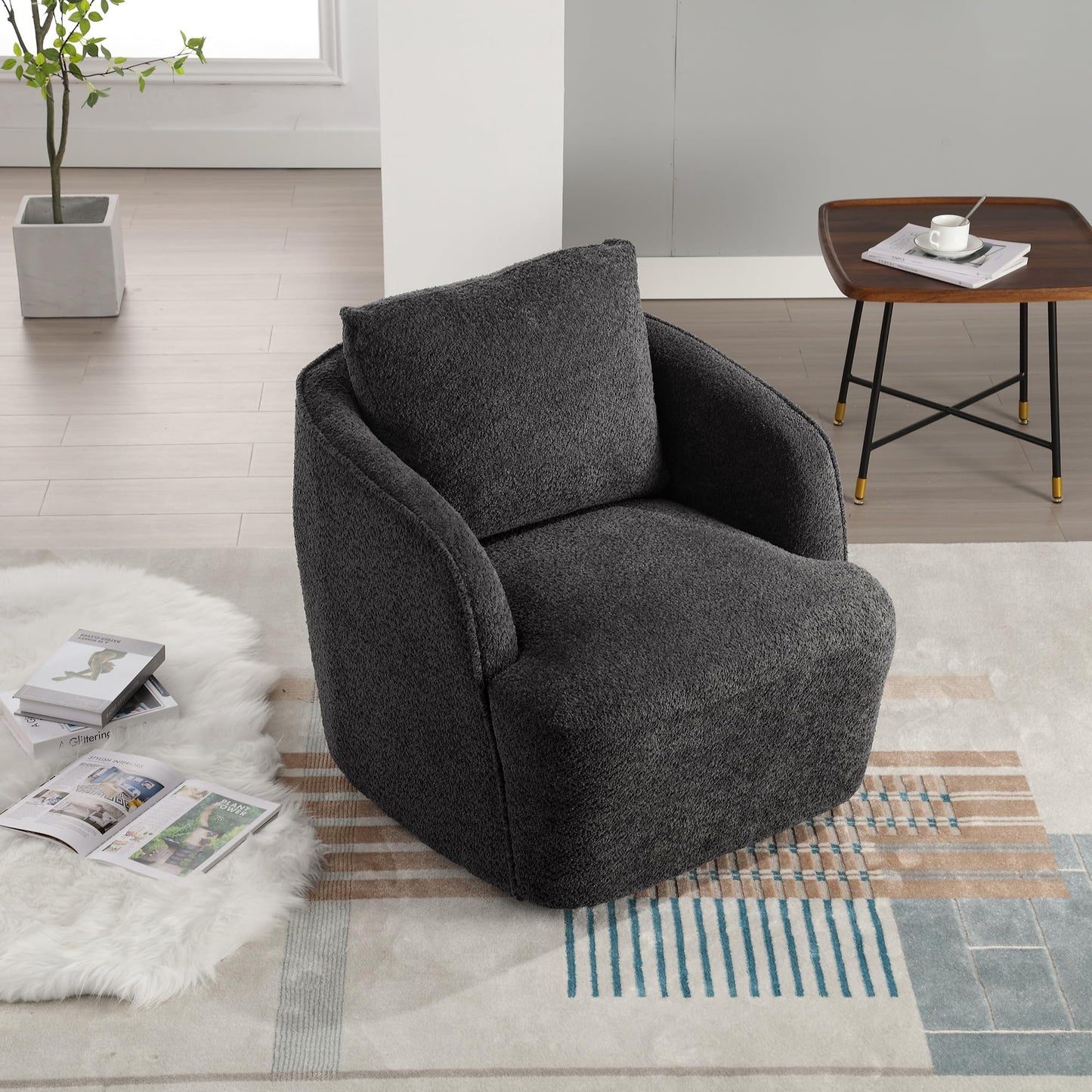 KEIKI 30" Boucle Round Accent Oversized Single Sofa Chair with High Resilience Cushion, Modern Style Upholstered Swivel Accent Barrel Chair, Lounge Armchair, Easy Assembly, for Living Room, Charcoal