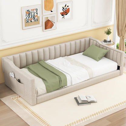 DNYN Twin XL Upholstered Daybed with Storage Pocket for Kids,Adults,Pinewood Bedframe w/Wood Slat Support,Easy Assembly & No Box Spring Needed, Beige