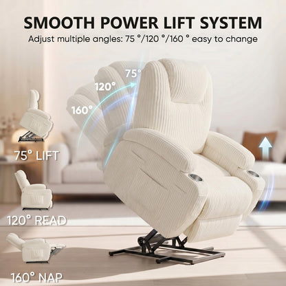 Flamaker Power Lift Chair Massage Recliner Chairs for Elderly, Corduroy Ergonomic Design with Cup Holders & Side Pockets, Remote Control (White)