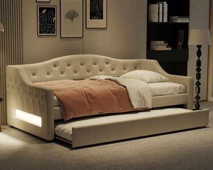 Merax Twin Size Linen Corner Daybed with Trundle and LED Belt, Upholstered Headboard Captain Bed Frames for Small Room, Bedroom, Guest Room, Kids' Room, White