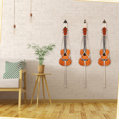 3 Pieces Macrame Ukulele Hanger Wall Mount, 21 to 24 Inches Boho Hanging Stand Holder for Soprano Case, Wall Decor Alternative Kit, Black Ring and Wooden Bead
