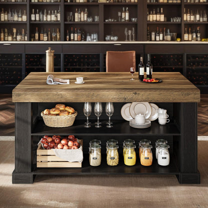 Tribesigns Kitchen Island with Storage, 55-Inch Farmhouse Stationary Island Table with Large Countertop, 3-Tier Wooden Center Bar Table for Kitchen, Dining Room, Black and Brown