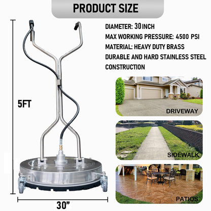 Hourleey 30" Pressure Washer Surface Cleaner with Dual Handles, Stainless Steel Surface Cleaner with 4 Wheels for Driveways, Pathway, Sidewalks, Patios, Decks, 4500 PSI with 3/8" Quick Connector Kit