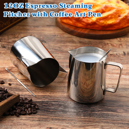 Dandat 4 Pcs Milk Frothing Pitcher 12 oz Espresso Steaming Pitcher Milk Frother Cup with Latte Art Pen Stainless Steel Coffee Bar Espresso Machine Accessories Cappuccino Barista Tools