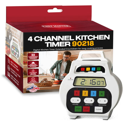 Chef Master 4-Channel Digital Kitchen Timer – Timer for Cooking, Baking & Grilling – LED Display Clock with Independent Countdown Functions for Food Preparation, Roasting, & Tracking - 90218