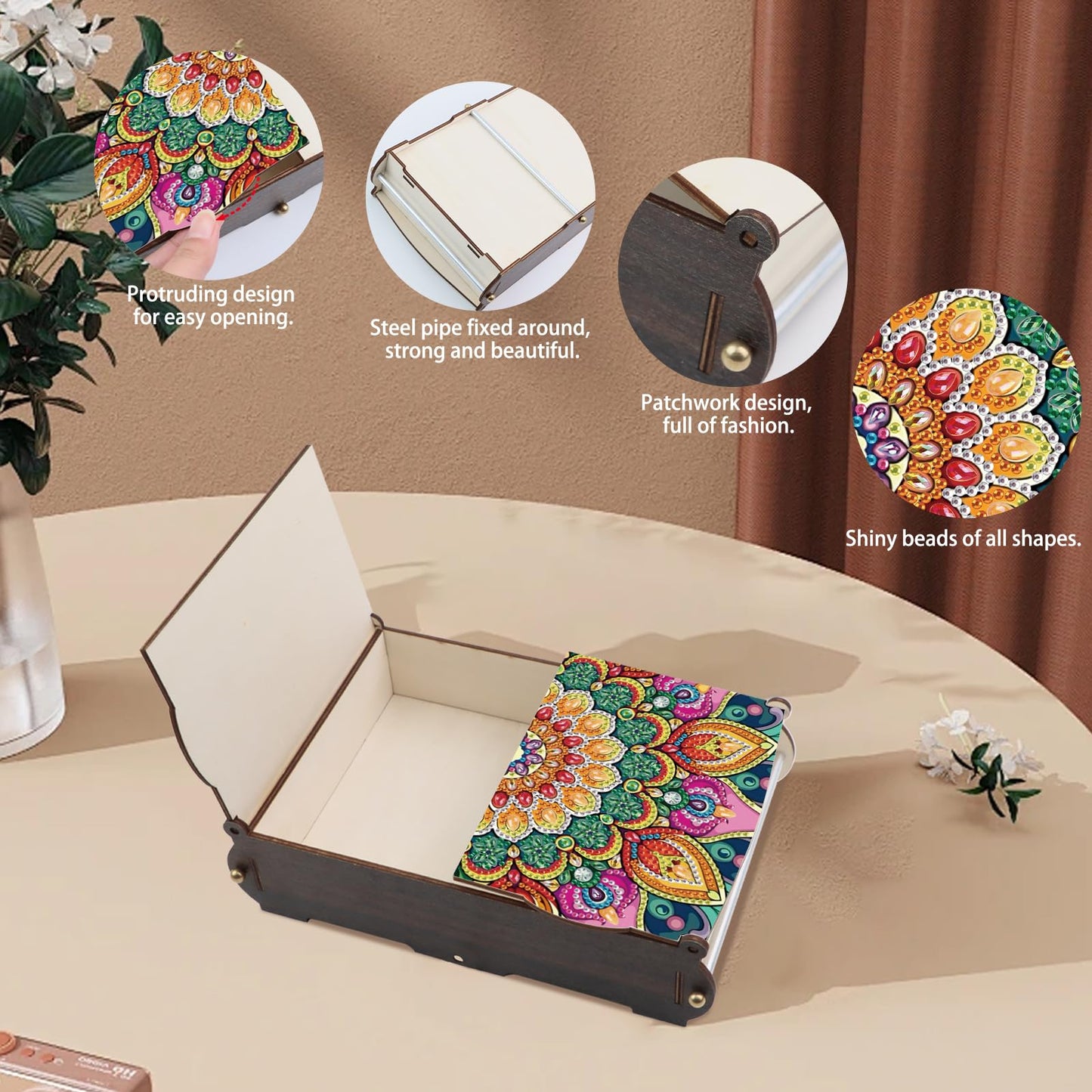 MVVMTOP Diamond Art Painting Kit Wooden Storage Box, Mandala Pattern DIY Special Shaped Diamond Flip Cover Wooden Money Box, Handmade Art Desktop Decorations Birthday Gifts for Friends