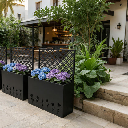 Amacv Tall Metal Planter Raised Garden Bed with Trellis 35.5in L x 11.9in W x 47.3in H - Large Flower Box Privacy Screen for Porch, Patio, Garden, Commercial Décor, Tulip Black