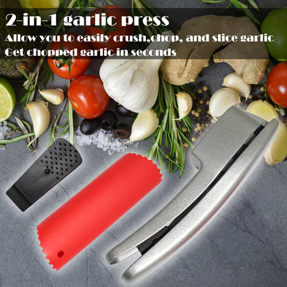 QPQ 2-in-1 Professional Garlic Press and Peeler Set, Aluminum Kitchen Tool with Built-in Cleaner, Manual Crusher and Mincer for Unpeeled Garlic Cloves,Fast And Portable Garlic Peeler
