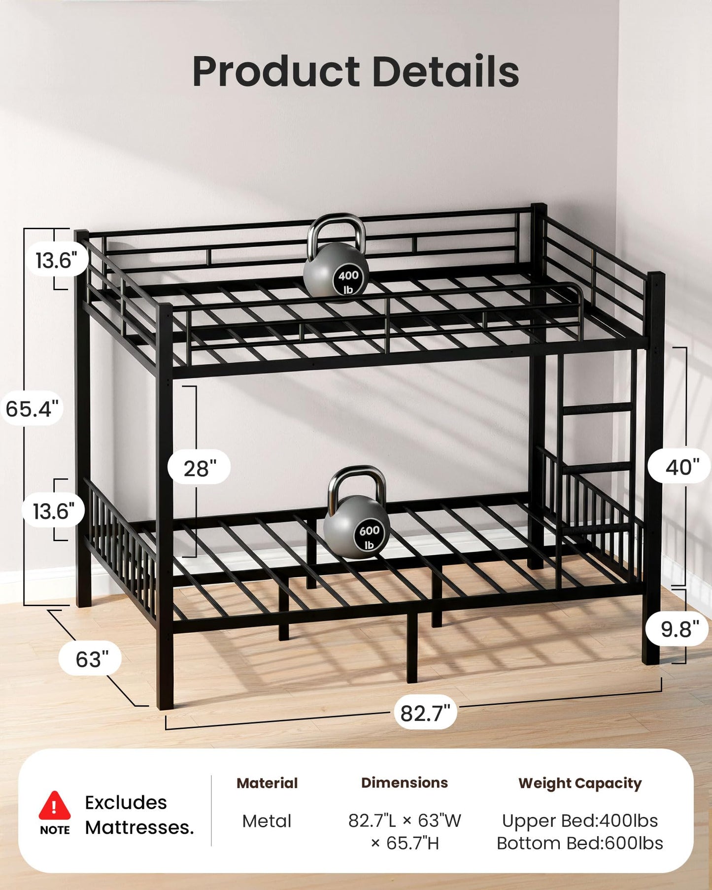 Mixcous Queen Over Queen Bunk Bed, Heavy Duty Metal Queen Bunk Bed Frame with Full-Length Guardrails & EVA Anti-Slip Ladder for Adults, Noise-Free, No Box Spring Needed, Black