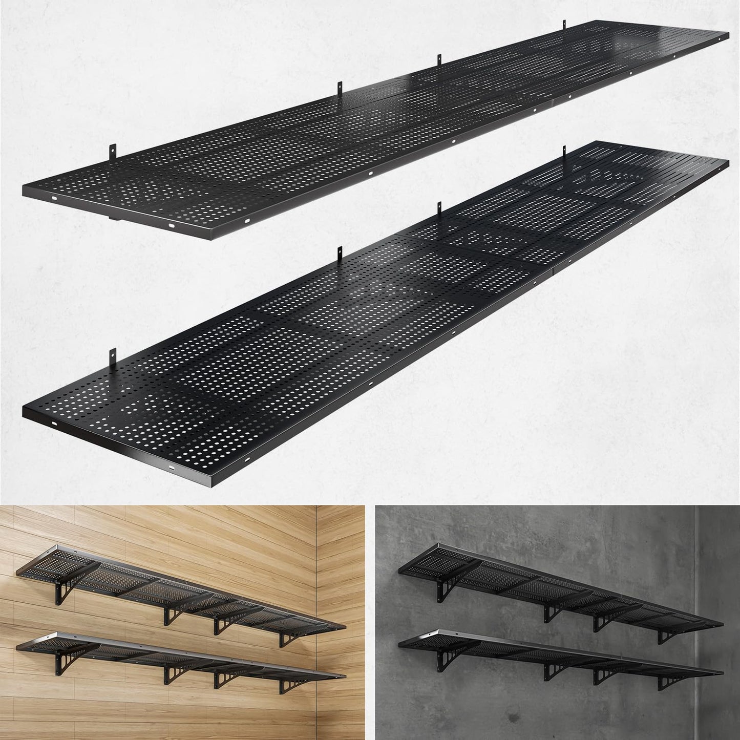 YIFRO 4-Pack 1.5x4ft Heavy Duty Garage Wall Shelving, 1000 lbs Load Capacity, Garage Shelving Wall Mounted, Storage Rack with Hooks, Black