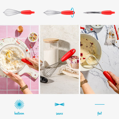 Dreamfarm Mini Flisk 3-in-1 Fold-Flat, Space-Saving Baking & Cooking Balloon Whisk, Sauce Whisk & Flat Deglazing Whisk, Stainless Steel - 9" Red