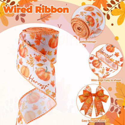 Chunful 12 Rolls Halloween Fall Wired Edge Ribbon 2 Inch x 60 Yards Halloween Fall Ghosts Pumpkins Print Grosgrain Ribbon Orange for Wreath Gift Wrapping Hair Bow Sewing Party Supplies 12 Styles