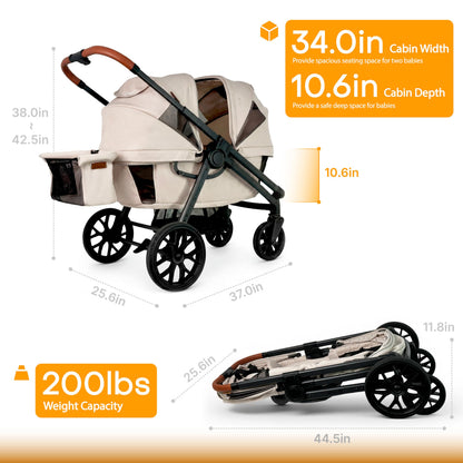 Wagon Stroller for 2 Kids, All-Terrain with Removable UV-Protection Canopy, Adjustable Push/Pull Handle, Snack Tray & Cup Holders, Perfect for Baby and Toddler（Khaki）