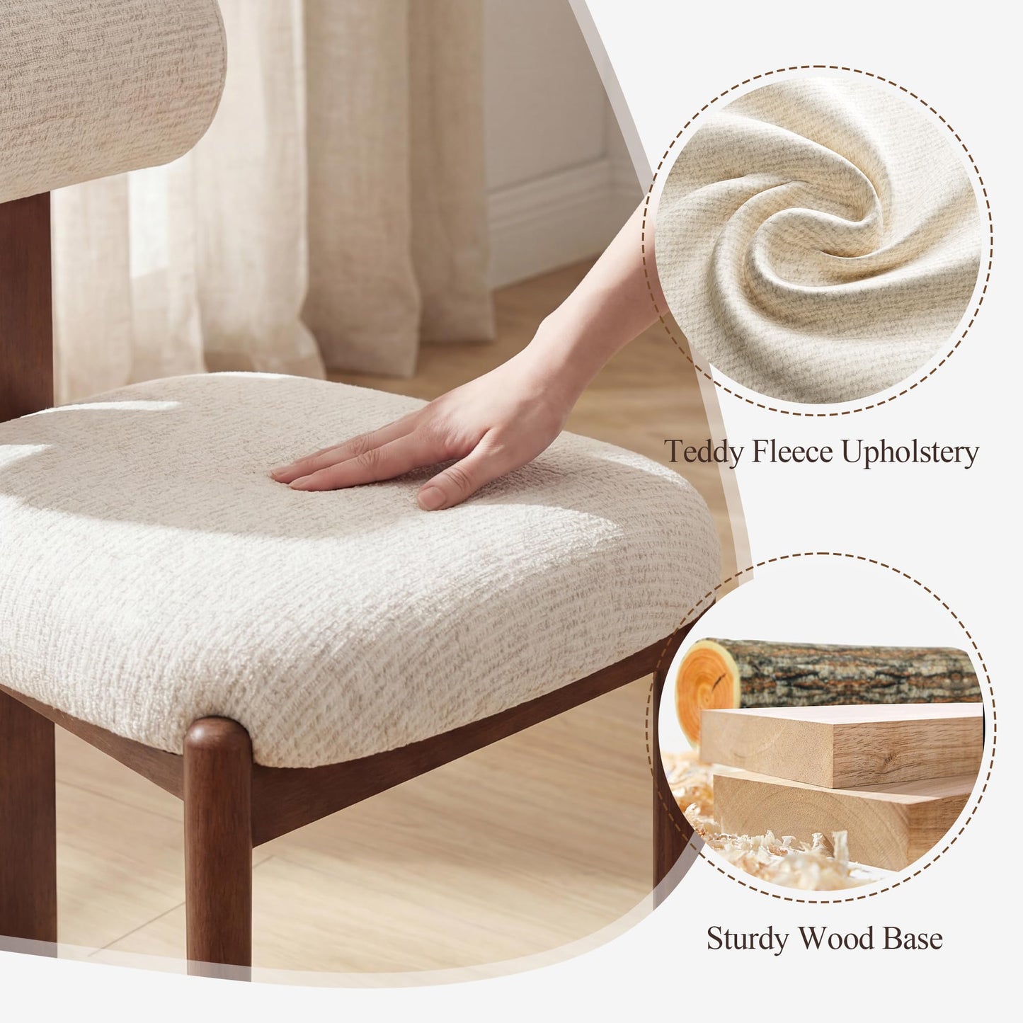 MALOL Modern Wooden Dining Chairs Set of 6, Upholstered Fabric Kitchen Chairs with Sculptural Backrest, Mid-Century Farmhouse Dining Room Chairs with Solid Wood Legs, Beige