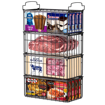 MSERCUOR Freezer Organizer Bins, 4 Pack Stackable Deep Chest Freezer Organizer Bins, Foldable Baskets with Handles, Black Storage Container Baskets for 5/ 7 Cu.FT Deep Freezer Sort Frozen Meats