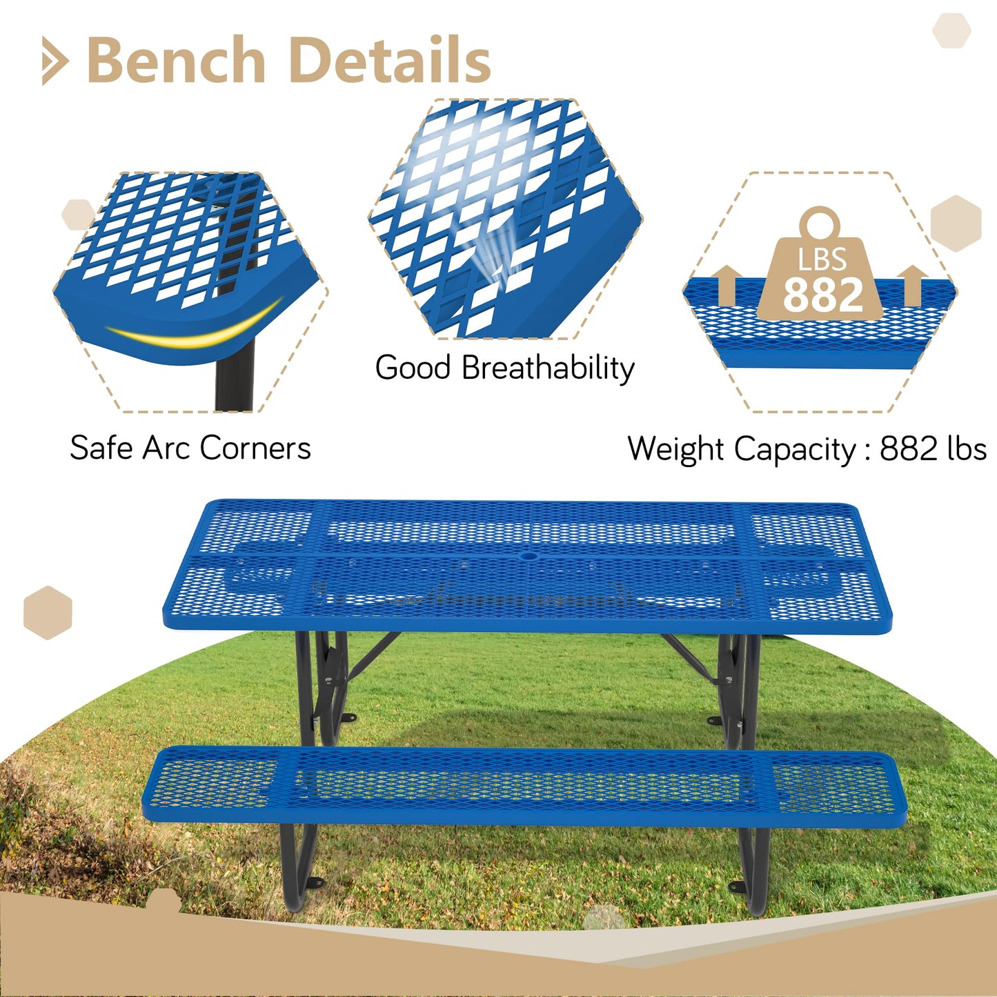 Dvasovio 72'' Rectangular Metal Picnic Table with 1.73" Umbrella Hole, Heavy Duty Steel Mesh Table Set, Weather Resistant Sturdy Outdoor Furniture, for Patio, Garden, Courtyard & BBQ, Blue