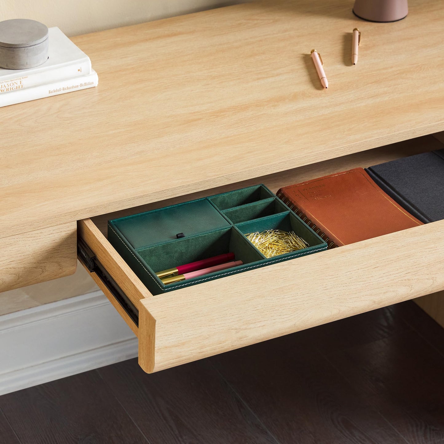 Walker Edison Amira Modern MDF Waterfall Writing Desk with a Built-in Storage Drawer, 52 Inch, Light Ash