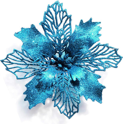 GL-Turelifes 12 Pieces 6.3’’ Glitter Christmas Flowers - Lake Blue Poinsettia Artificial Flower for Wreath and Tree