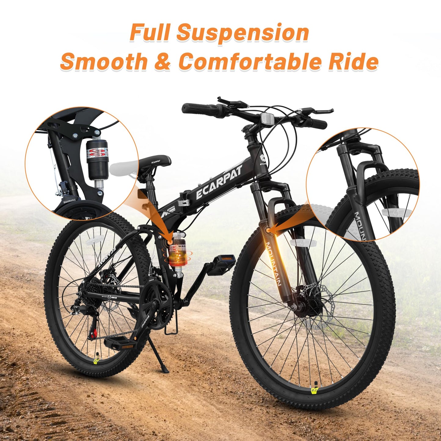 Ecarpat Folding Mountain Bike- 26 Inch Bikes for Adults, 21 Speed Full Suspension Foldable Bike for Men or Womens Bike Riders, High Carbon Steel Frame Dual Disc Brake MTB for Trek and Commuter