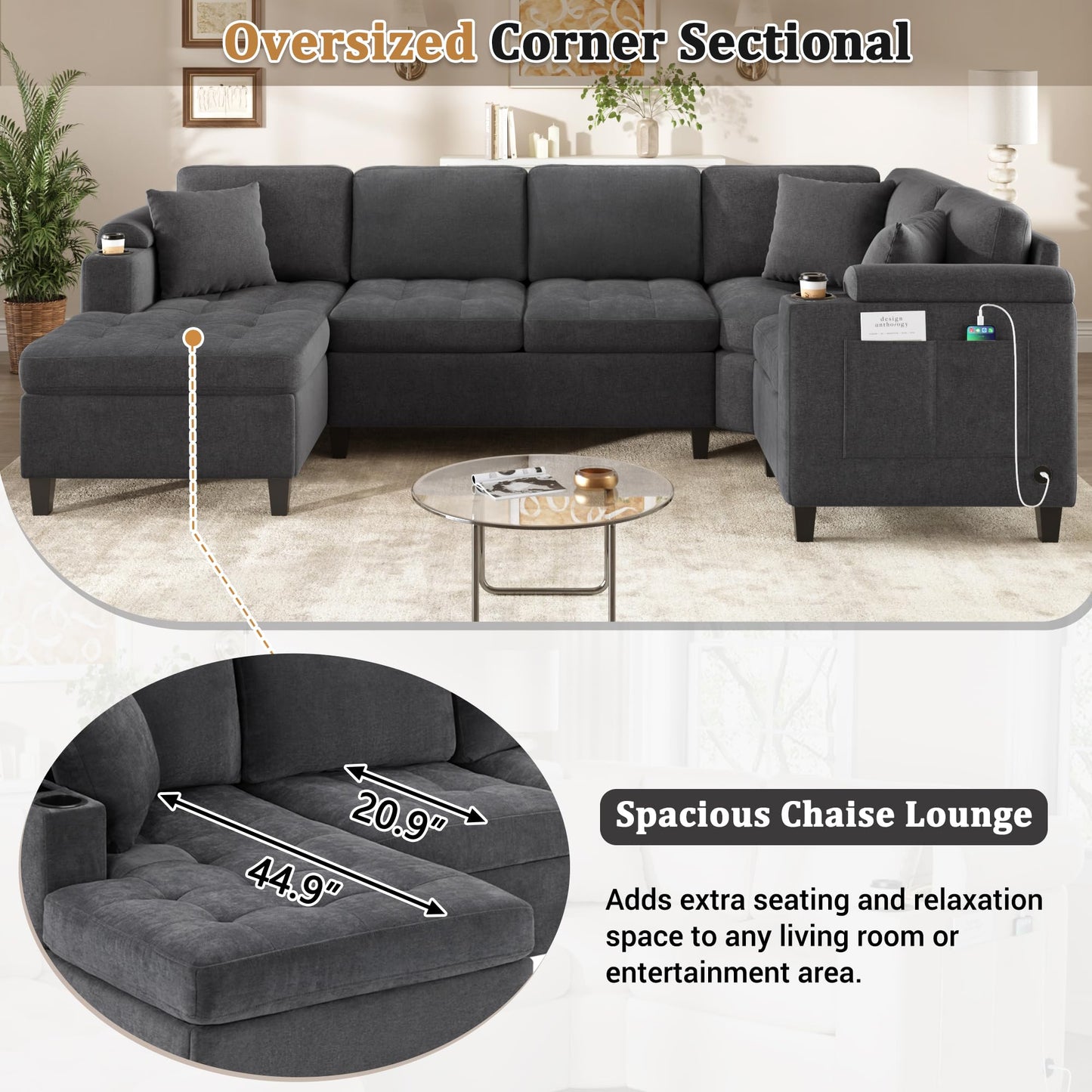 Merax 115.7" U-Shaped Chenille Sectional Sofa, 4 Seat Corner Couch Oversized with Built-in Cup Holders, 3 Pillows, Storage Space for Living Room, Grey