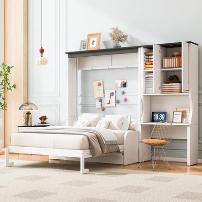 Merax Farmhouse Multi-Functional Murphy Bed with Sofa, Desk & Storage Cabinet,Solid Wood Foldable Wall Bed/Space Saving/No Box Spring Needed/Full,White + Gray