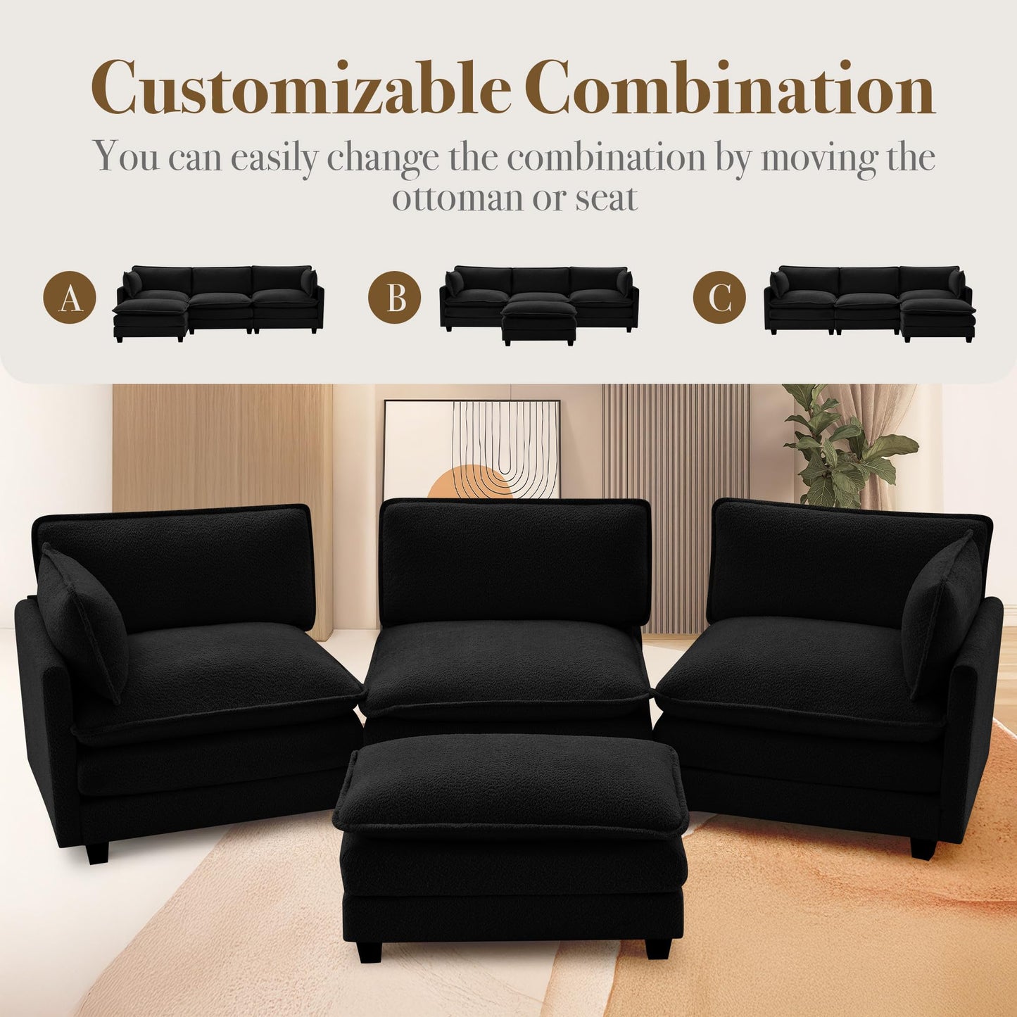 ROWHY 112'' Modular Sectional Cloud Couch with Movable Ottoman, 4 Seat Modern Chenille Sofa with 2 Throw Pillows, Deep Seat L Shaped Couch for Living Room Bedroom Apartment, Black