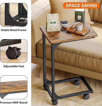 Fixwal TV Tray, C Table, C Shaped Side Table with Wheels for Couch, Coffee Tables for Living Room Sofa End Table