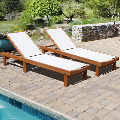 COSTWAY Set of 2 Patio Wood Chaise Lounge Chair, Strong Eucalyptus Wood Frame, 5-Position Adjustable Outdoor Recliner with White Mesh (White)