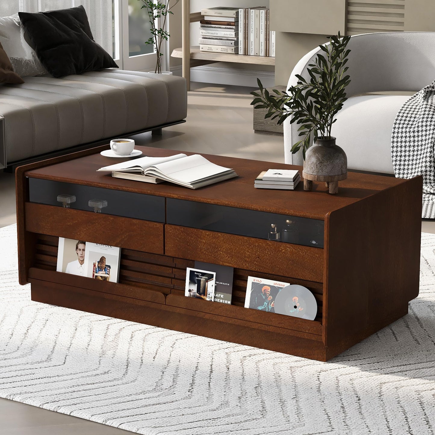 Merax Modern 47.2" Rectangle Coffee Table with 4 Drawers and 2 Display Shelves, Wood Fluted Style Center Tables w/Tempered Glass for Living Room Reception Room, Brown