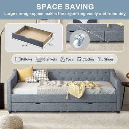 Ball & Cast Twin Size Daybed with Two Drawers and Linen Upholstered,Wood Bed Frame w/Button Tufted Back and Waved Shape Arms,Slats Support,for Apartment,Bedroom,Light Grey