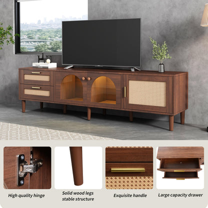 Merax LED TV Stand for TVs up to 80", Boho Entertainment Center with Rattan Decor, Multi-Functional Media Console & 3 Storage Cabinets and 2 Drawers for Living Room, Bedroom, Home Theatre, Dark Brown