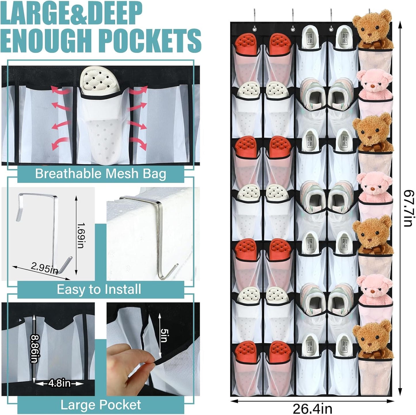 2 70 Closet 35 Windyun Pcs Large over The Door Shoe Organizer Hanging Shoe Rack for Holder Black Mesh Pockets Back