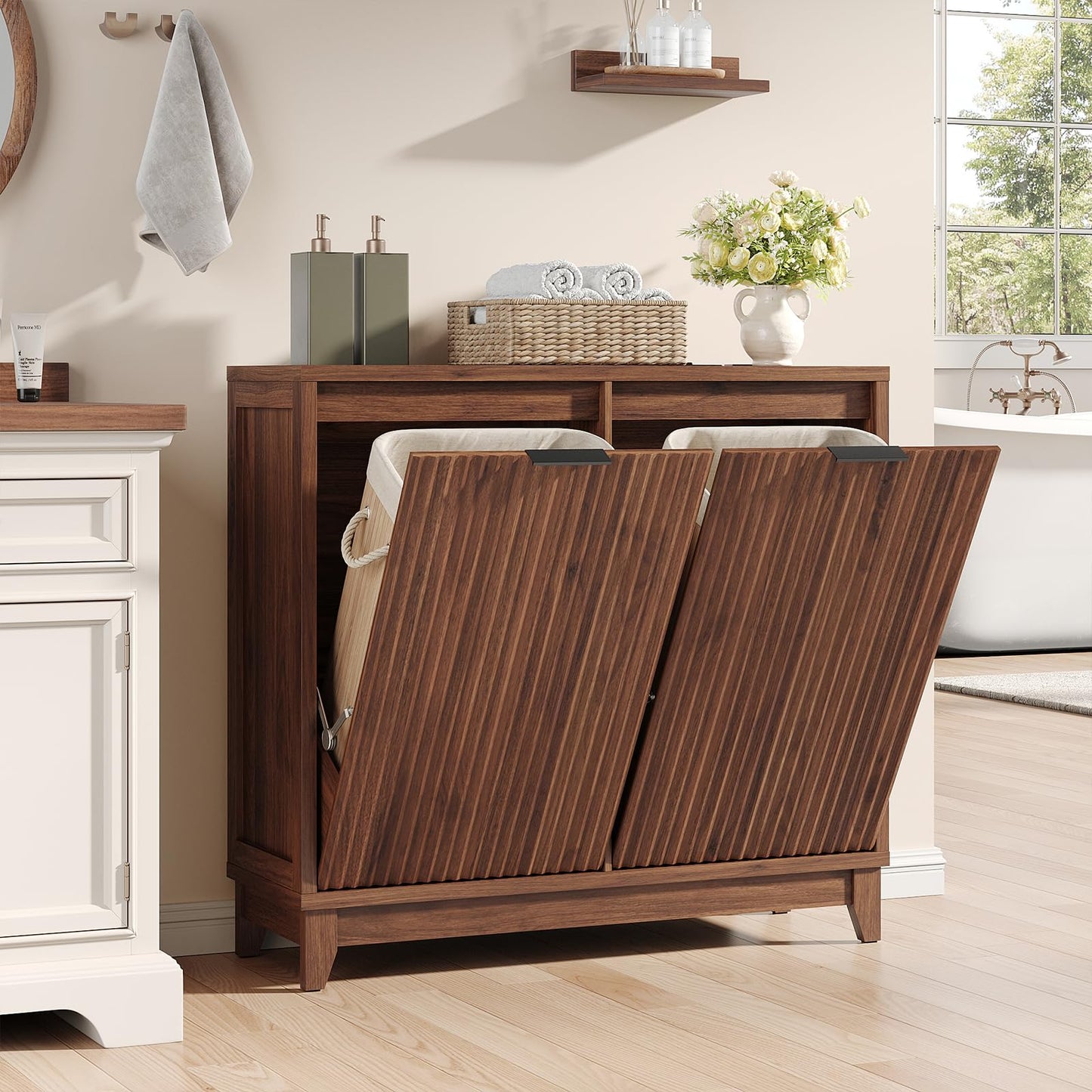 Double Tilt Out Trash Can Cabinet with Odor Control, Outlets, Fluted Trash Cabinet 13 Gallon Hidden Bin Storage, Modern Kitchen Cabinet with Soft-Close Door, Laundry Hamper Cabinet for Bathroom