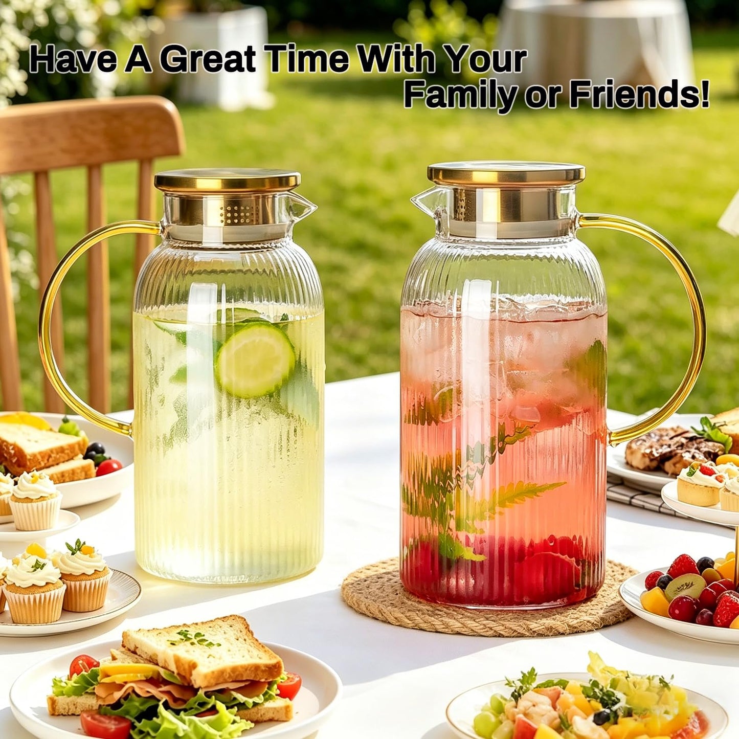 Buaic 2 PACK Glass Pitcher with Lid, 68oz/ 2 Liter Classic Vertical Stripes Water Pitcher with Handle,Glass Water Carafe for Cold Brew, Coffee, Lemonade, Iced Sun Tea,Beverage,Heat Resistant