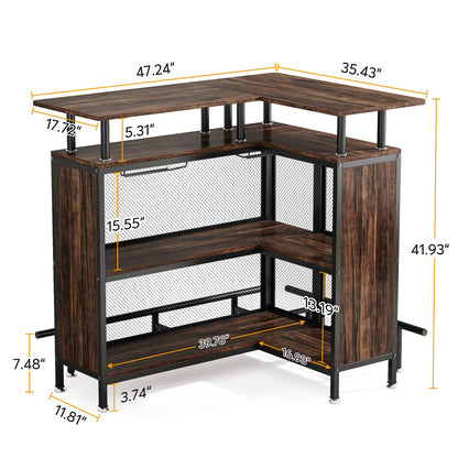 Tribesigns Home Bar Unit, L-Shaped Bar Table with Stemware Racks and 2-Tier Shelves, Corner Mini Coffee Liquor Cabinet with Footrest for Home/Kitchen/Pub, Rustic Brown