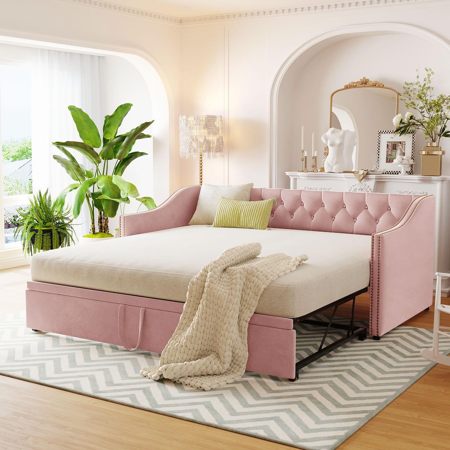 Merax Twin Size Upholstered Velvet Daybed with Pop Up Trundle, Multi-Functional Sofa Bed with Backrest and Two Armrest for Kids Room, Guest Room, Living Room,Pink