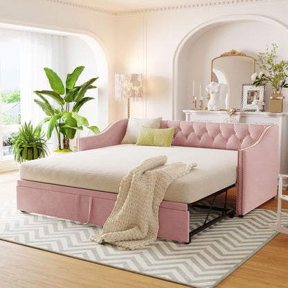 Merax Twin Size Upholstered Velvet Daybed with Pop Up Trundle, Multi-Functional Sofa Bed with Backrest and Two Armrest for Kids Room, Guest Room, Living Room,Pink