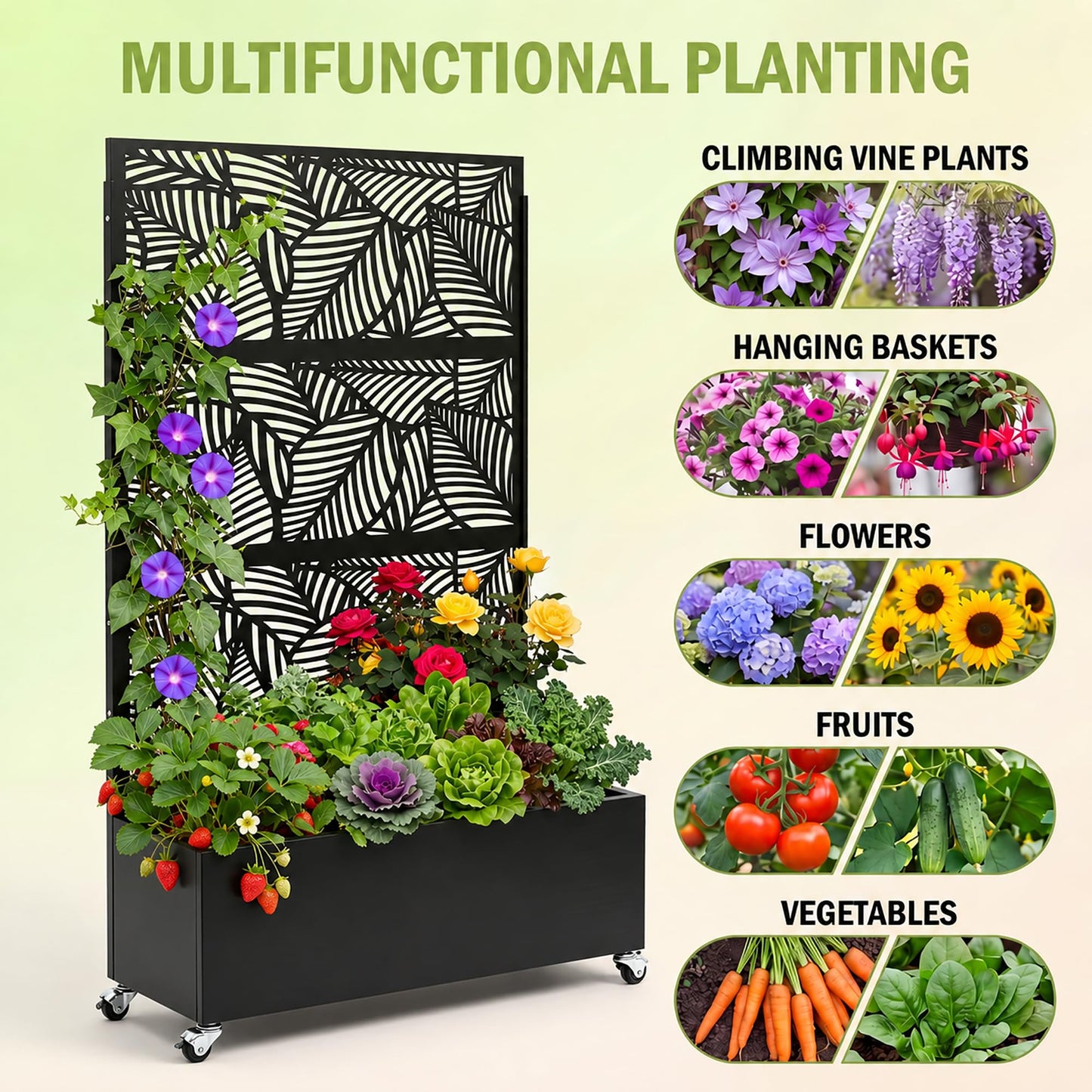 Veemuaro Metal Planter Box with Trellis, 70" H × 46" L Freestanding Outdoor Raised Garden Bed with Privacy Screen, Wheels and Drainage Holes, Leaf Privacy Screen Planter Box for Garden, 2PCS