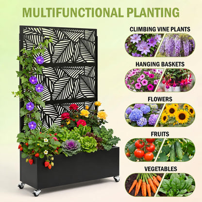 Veemuaro Metal Planter Box with Trellis, 70" H × 46" L Freestanding Outdoor Raised Garden Bed with Privacy Screen, Wheels and Drainage Holes, Leaf Privacy Screen Planter Box for Garden, 2PCS