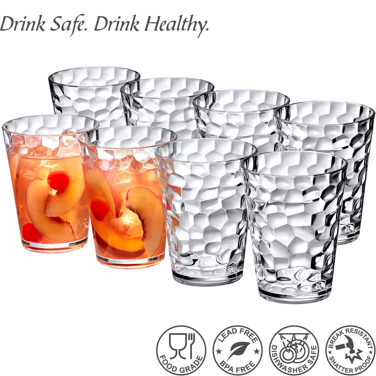 Amazing Abby - Iceberg - 16-Ounce Plastic Tumblers (Set of 8), All-Clear Reusable Plastic Cups, Stackable, BPA-Free, Shatter-Proof, Dishwasher-Safe